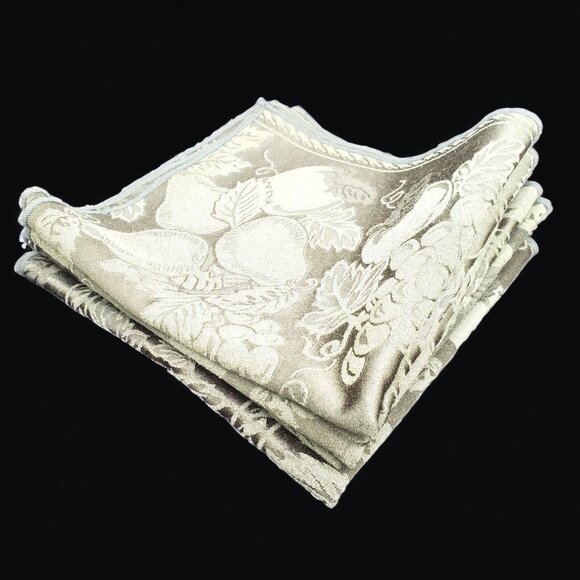 Vtg Green Cloth Napkins Jacquared Satin 16" Set Of 4 Pear Grape Ivy Fabric Olive - Picture 2 of 14